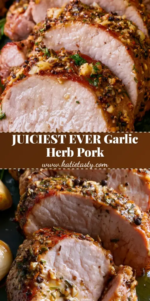 Overhead view of succulent herb pork tenderloin slices with roasted garlic on a stone platter. (herb pork tenderloin)