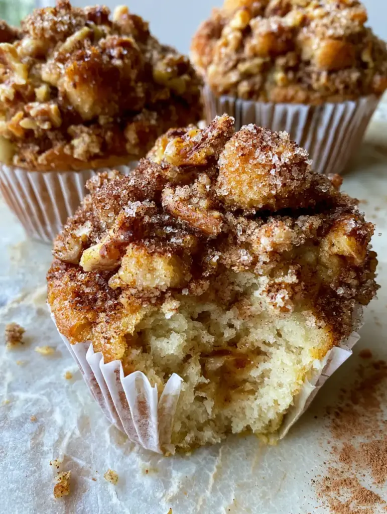 Banana Crunch Muffins with Oversized Walnut Streusel 1 A broken open banana crunch muffin revealing a steaming, pale-yellow interior with caramelized banana flecks.