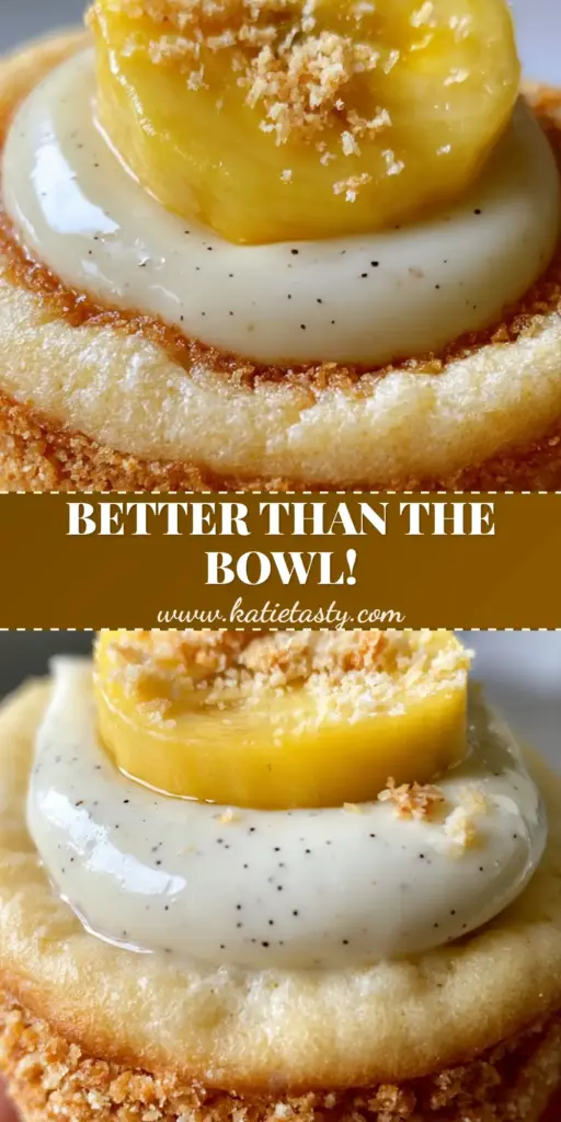 A handheld Banana Pudding Cookie Muffin with a visible Nilla Wafer crust, pale gold cookie body, and a thick pool of vanilla bean pudding topped with a fresh banana slice.