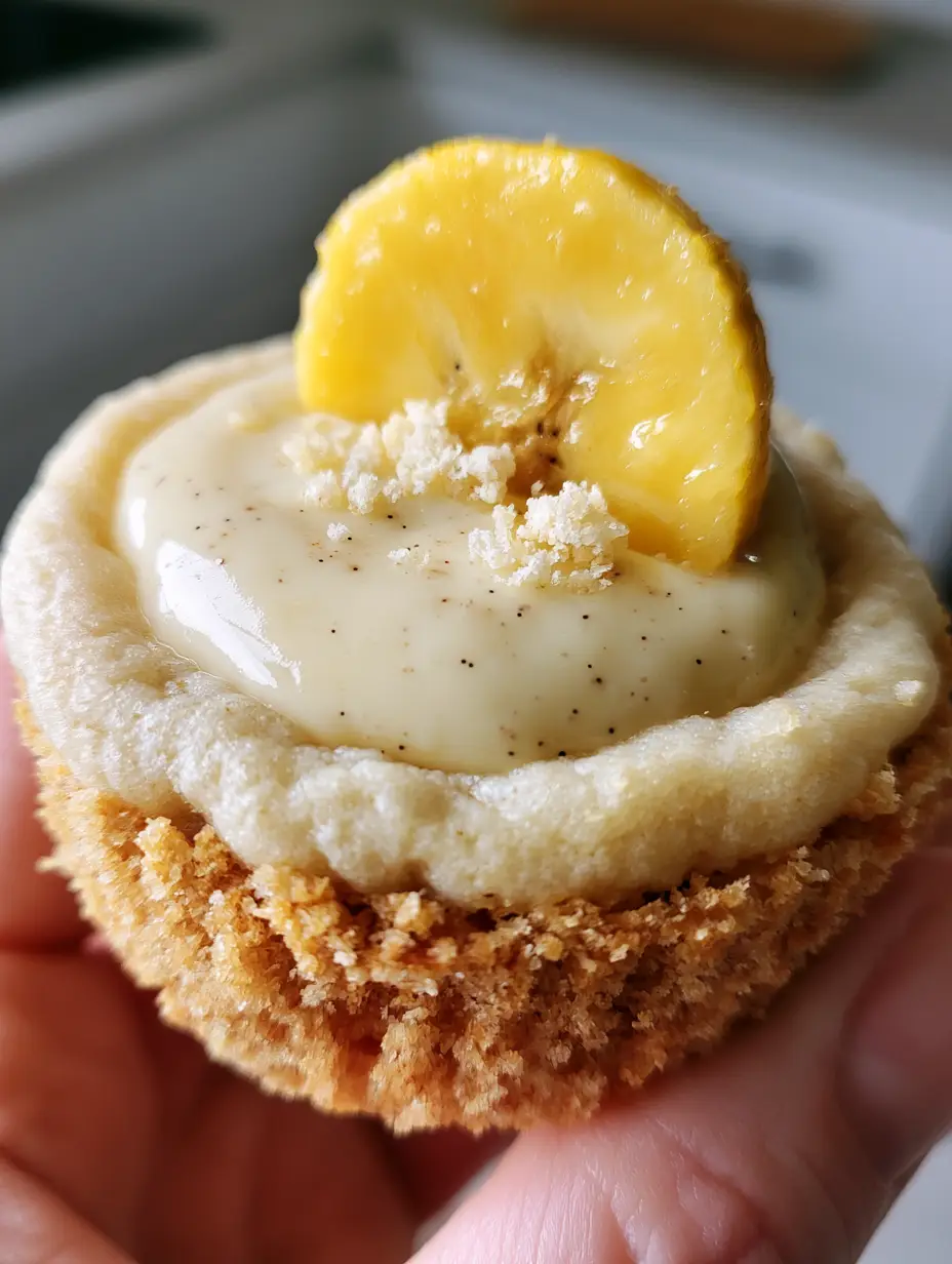 Extreme macro close-up of a Banana Pudding Cookie Muffin showing the creamy pudding texture and vanilla bean specks.