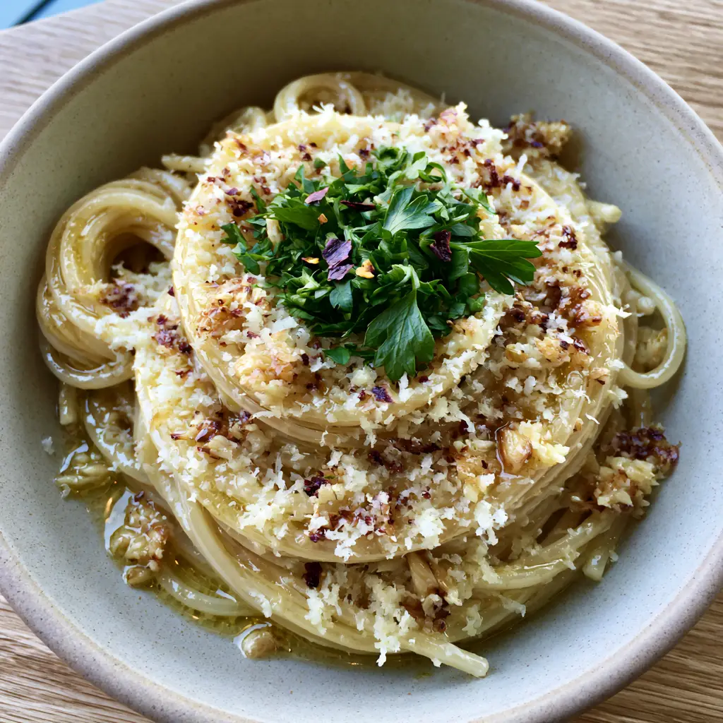 A top-down shot of Garlic butter noodles showcasing the contrast between white micro-grated parmesan and green flat-leaf parsley.