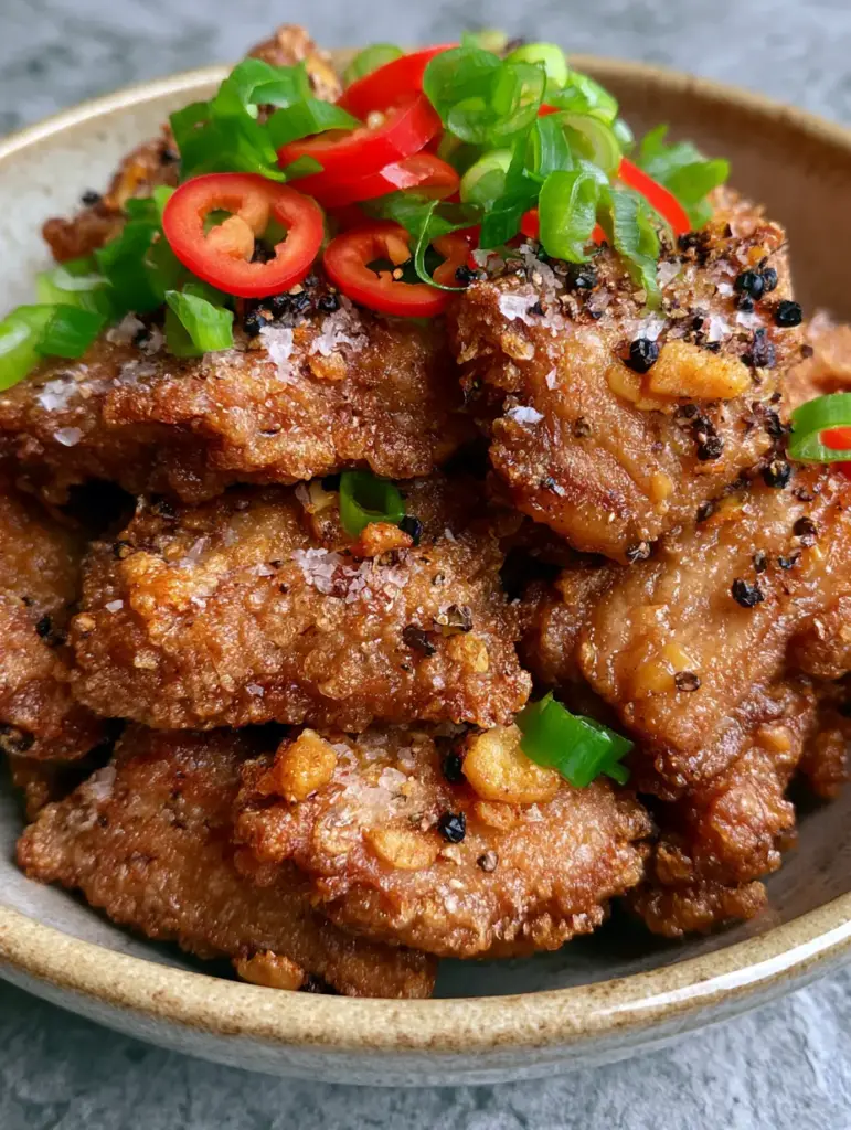 Salt and pepper pork bites piled high with fresh red chilies and scallions in a rustic ceramic bowl.