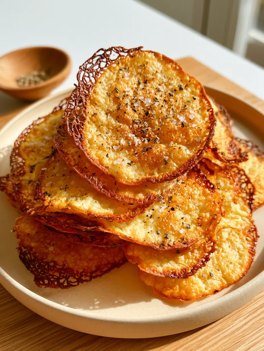 Close-up of lacy, dark-umber crispy edges on Baked Cottage Cheese Chips showing the bubbly toasted surface.