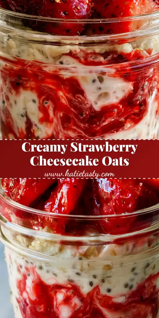 A tall clear mason jar filled with Strawberry Cheesecake Overnight Oats, showing layers of graham crackers, creamy white oats, and vibrant red strawberry swirls topped with fresh berries.