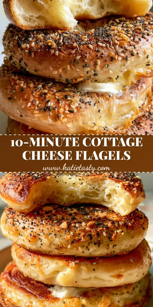 Cottage Cheese Flagels: The Ultimate High-Protein Everything Bagel Alternative 4 A stack of three golden-brown Cottage Cheese Flagels with everything bagel seasoning and a dollop of melting cream cheese on a white plate.