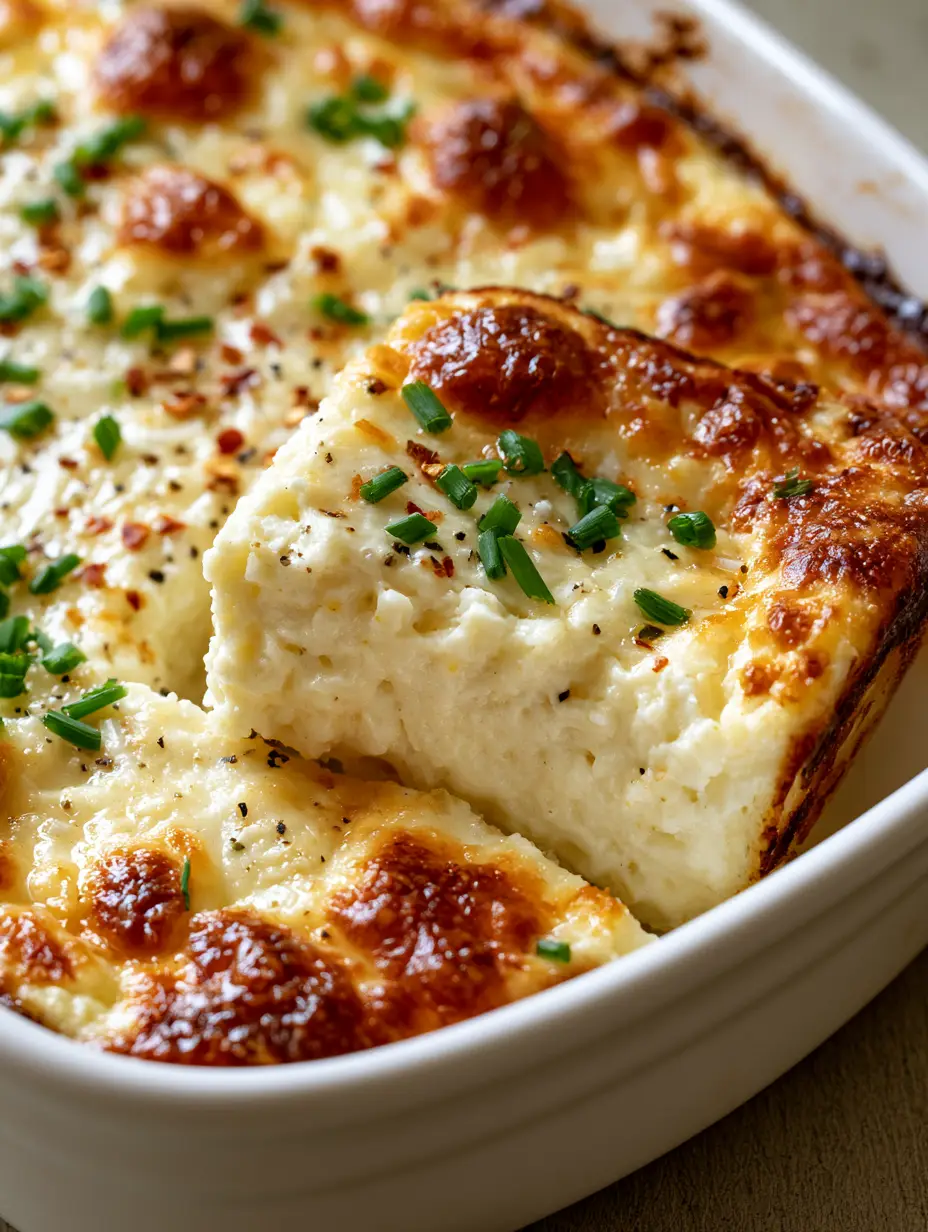 Cottage Cheese Bake: The Ultimate High-Protein Savory Soufflé 3 Close-up of a Cottage Cheese Bake slice showing the smooth, souffle-like interior and bubbly cheese topping.