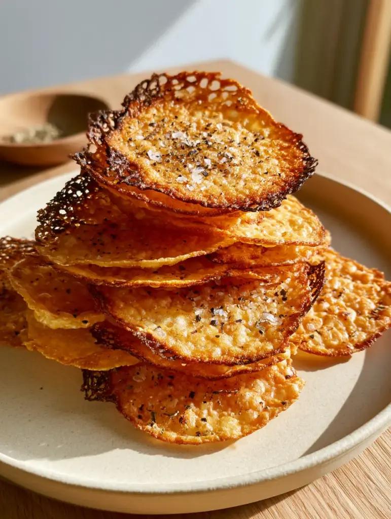 A stack of brittle Baked Cottage Cheese Chips seasoned with cracked pepper and oregano flecks.