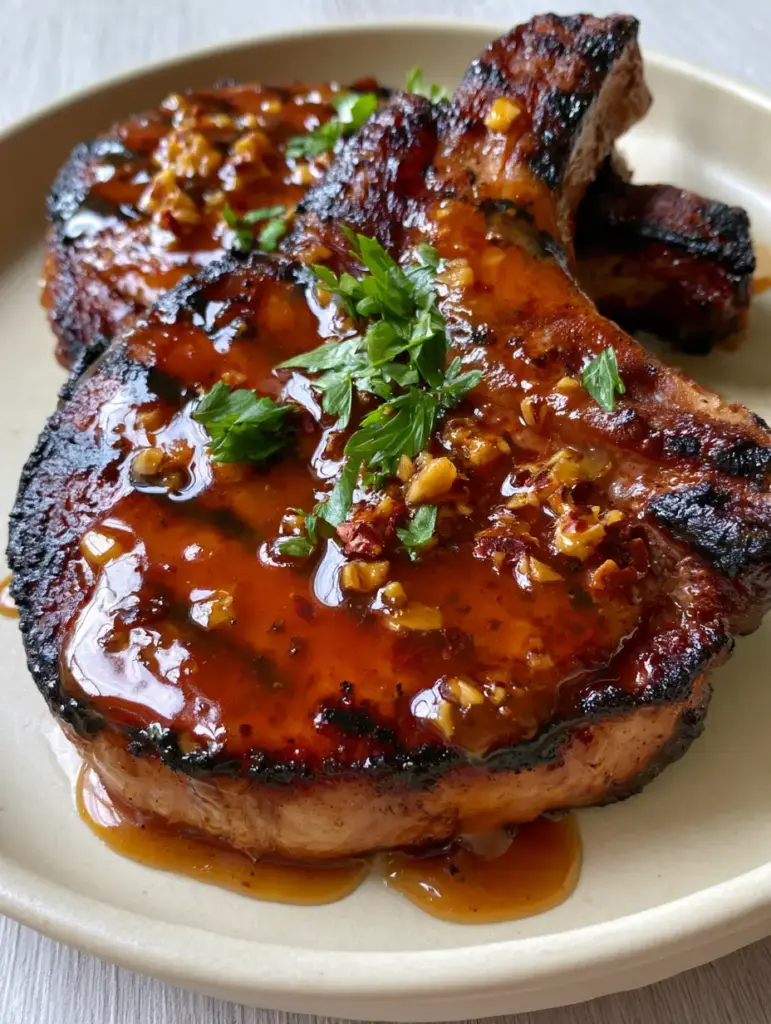 Close up of honey garlic grilled pork sauce pooling in the grill marks of a thick pork chop. (grilled pork sauce recipe)