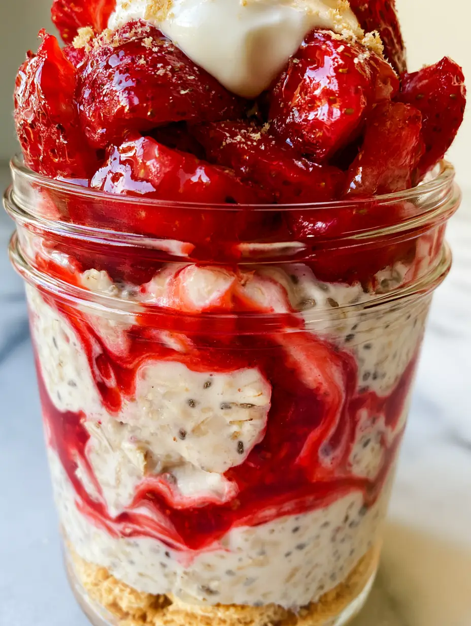 Extreme close-up of Strawberry Cheesecake Overnight Oats showcasing the ivory-white yogurt mixture and glossy red marbled coulis.