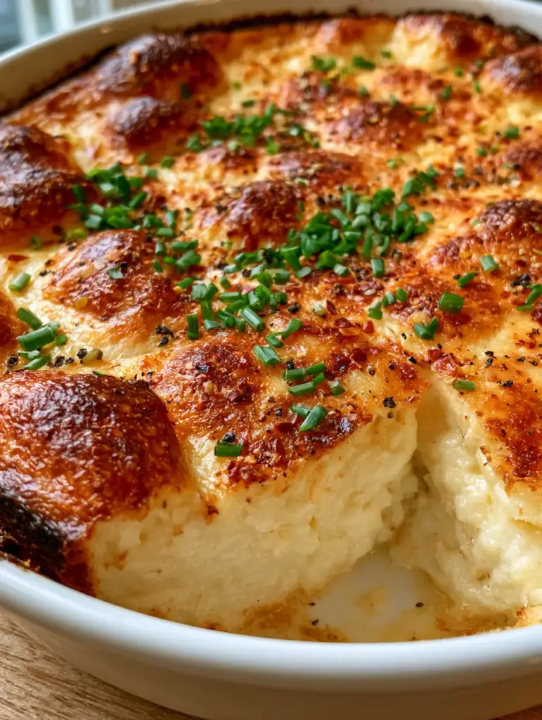 Cottage Cheese Bake: The Ultimate High-Protein Savory Soufflé 1 A 45-degree angle shot of the Cottage Cheese Bake in soft morning sunlight on a wooden table.