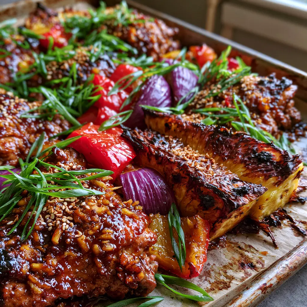 Huli Huli Chicken: The Ultimate Sheet Pan Guide to Mahogany Glazed Bliss 2 Succulent roasted Huli Huli Chicken thighs with bubbling mahogany glaze and toasted sesame seeds.