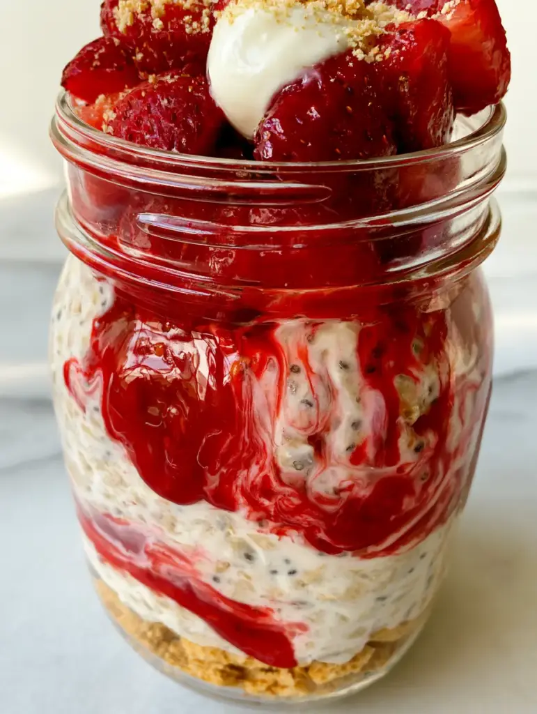 Smartphone photo of the top of the jar featuring glistening sliced strawberries and a dollop of white cream.