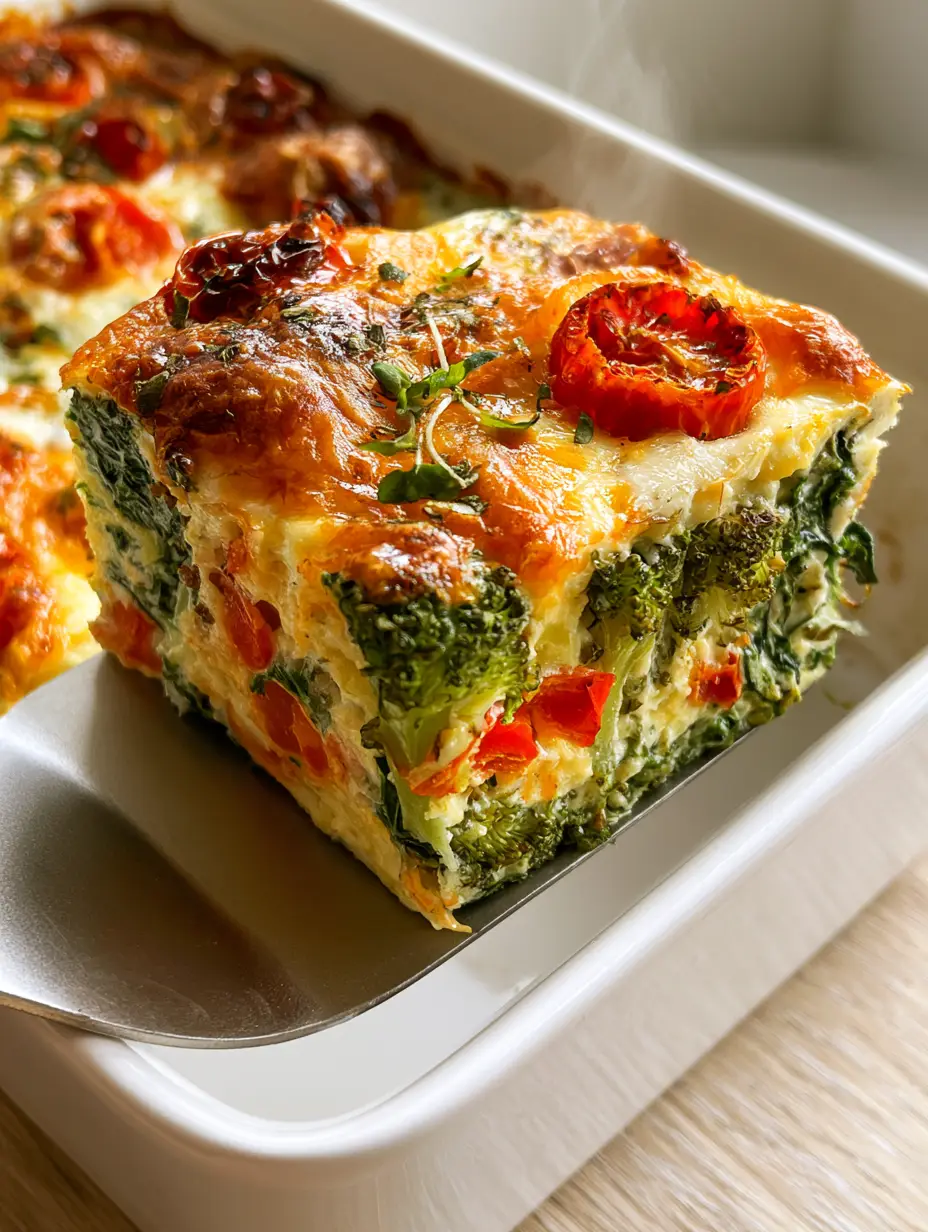 A handheld photo of a square slice of cottage cheese veggie bake showing the dense custard texture and roasted vegetables.
