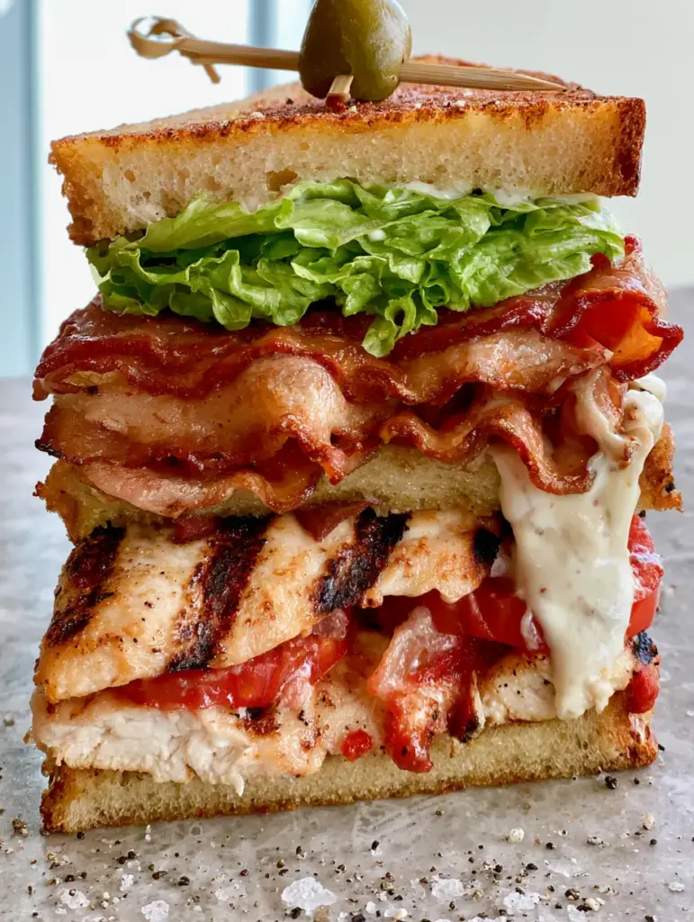 Chicken Club Sandwich: The Ultimate Grilled Triple-Decker Recipe 1 A handheld smartphone photo of a grilled Chicken Club Sandwich on a marble surface with salt flakes.
