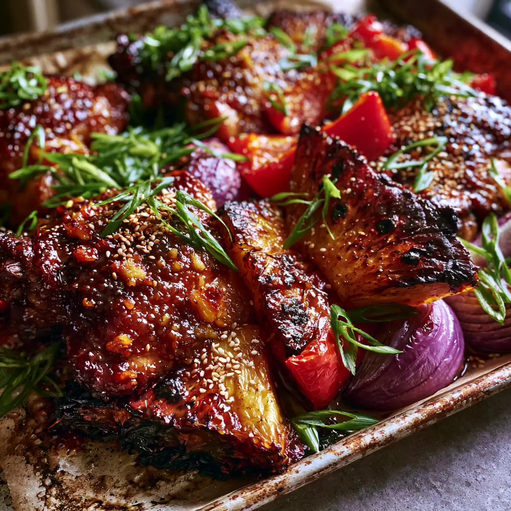 Huli Huli Chicken: The Ultimate Sheet Pan Guide to Mahogany Glazed Bliss 1 Close up of charred pineapple wedges and roasted red bell peppers on a metal pan for Huli Huli Chicken.