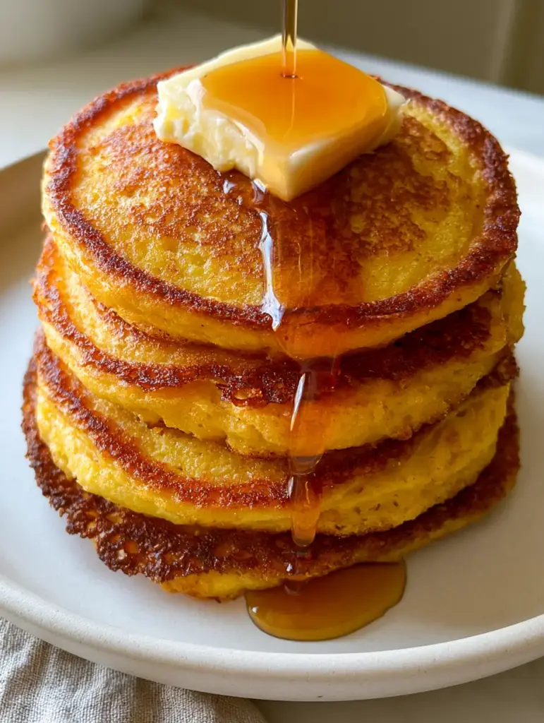 Cornmeal Pancakes: The Ultimate Recipe for Crispy Lacy Edges and Soft Centers 1 Handheld smartphone photo of a golden stack of cornmeal pancakes on a farmhouse kitchen table.