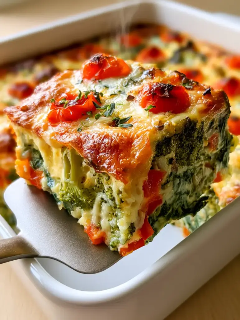 High-angle view of a cottage cheese veggie bake in a white dish with melted cheese and fresh micro-basil.