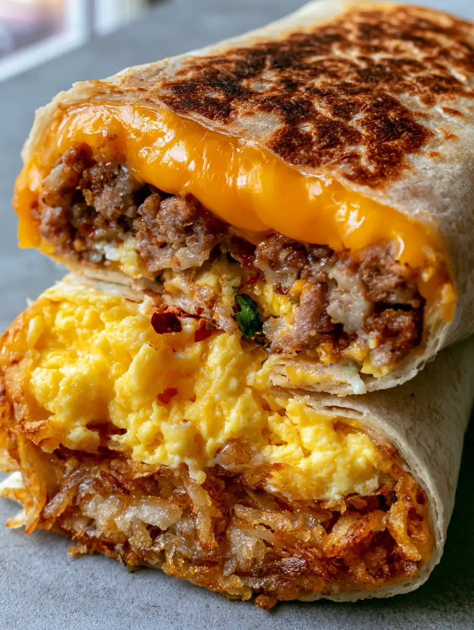 Extreme close-up cross-section of freezer breakfast burritos showing layers of eggs, sausage, and melted cheese. (freezer breakfast burritos)