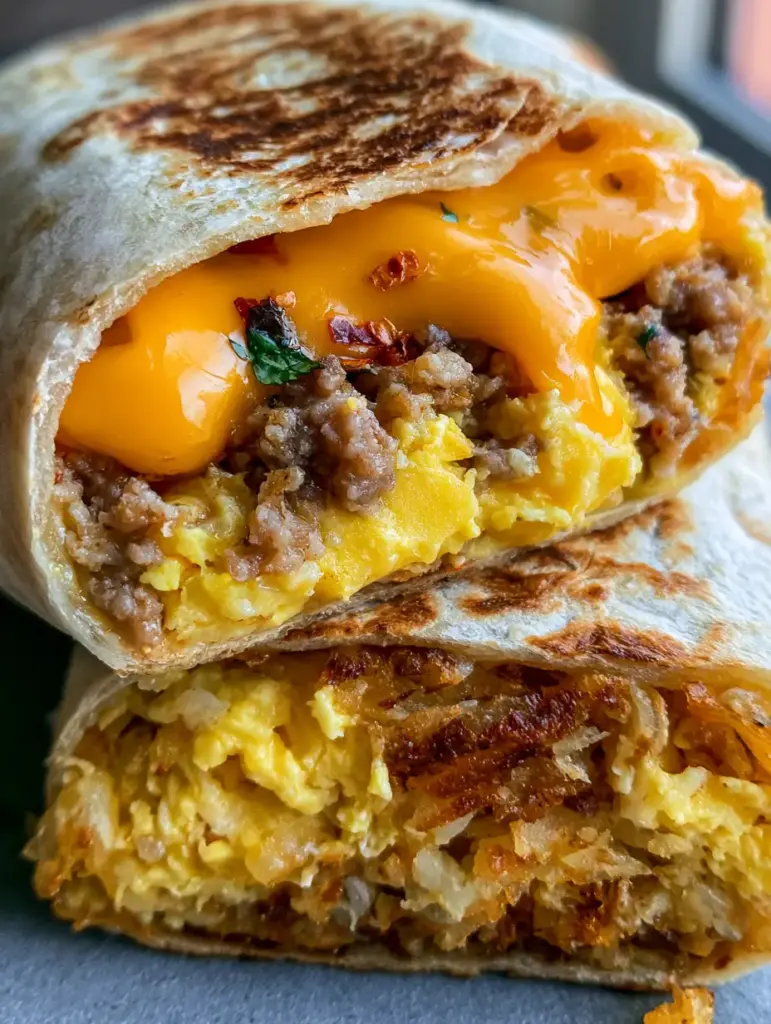 Close-up of a seared flour tortilla with melted sharp cheddar cheese and red chili flakes visible. (freezer breakfast burritos)