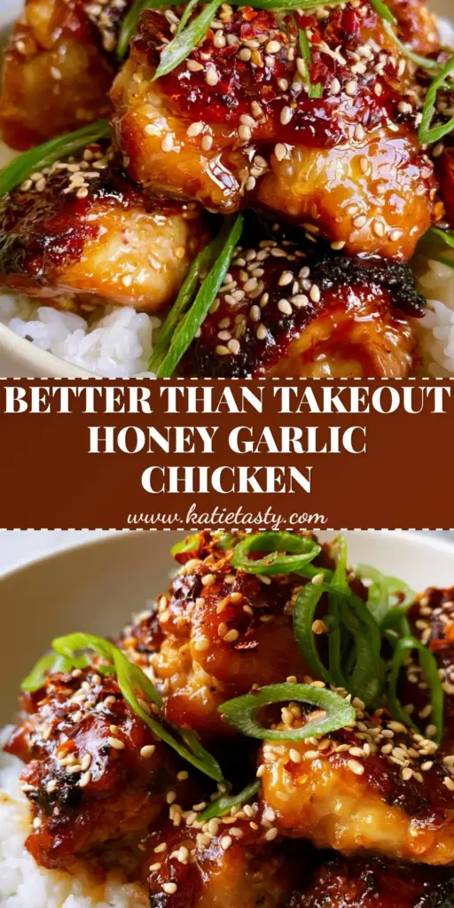 A close-up of Honey Chicken with caramelized edges and a glowing amber glaze over white jasmine rice garnished with sesame seeds and green scallions.
