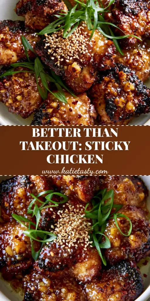 A close-up shot of Sticky Honey Glazed Chicken in a white bowl with sesame seeds and green onions.