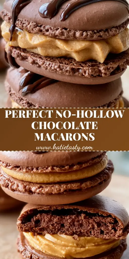 Chocolate Peanut Butter Macarons with Velvety Buttercream and Dark Chocolate Drizzle 4 A stack of three chocolate peanut butter macarons with glossy dark chocolate drizzle and flaky sea salt on a stone surface. (chocolate peanut butter macarons)