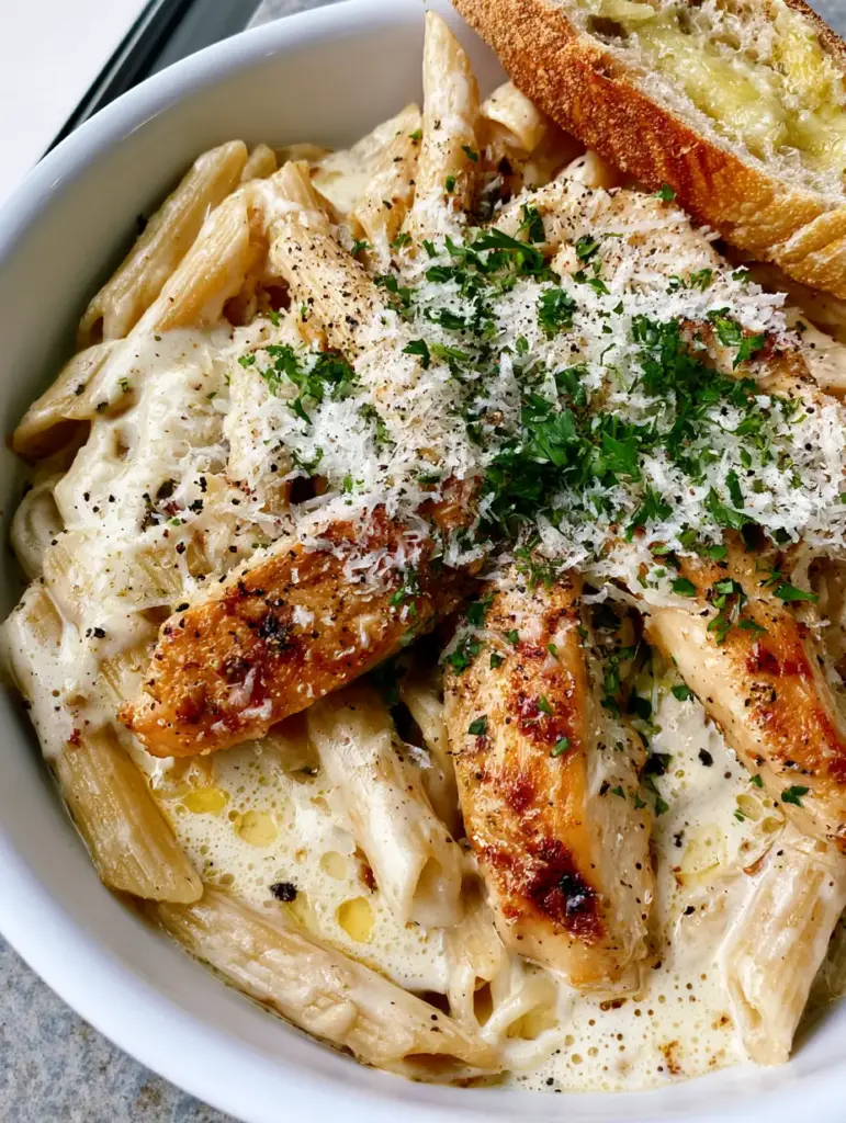 A ceramic bowl of Crockpot Chicken Pasta garnished with heavy parmesan, black pepper, and fresh parsley, served with garlic sourdough bread.