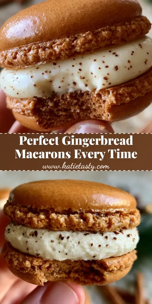 Gingerbread Macarons with Luscious Eggnog Buttercream Filling 4 A stack of perfect gingerbread macarons with ruffled feet and thick eggnog buttercream filling on a festive holiday background.
