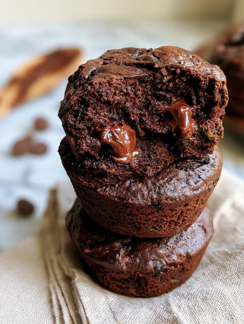 Close-up macro of Chocolate Zucchini Protein Muffins with a dense crumb and microscopic green flecks of zucchini.