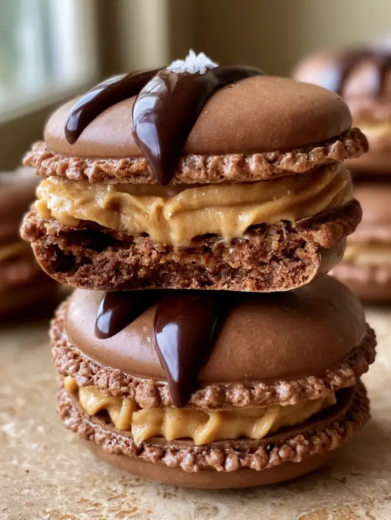 Chocolate Peanut Butter Macarons with Velvety Buttercream and Dark Chocolate Drizzle 2 Close up photo of three chocolate peanut butter macarons showing ruffled feet and smooth shells. (chocolate peanut butter macarons)
