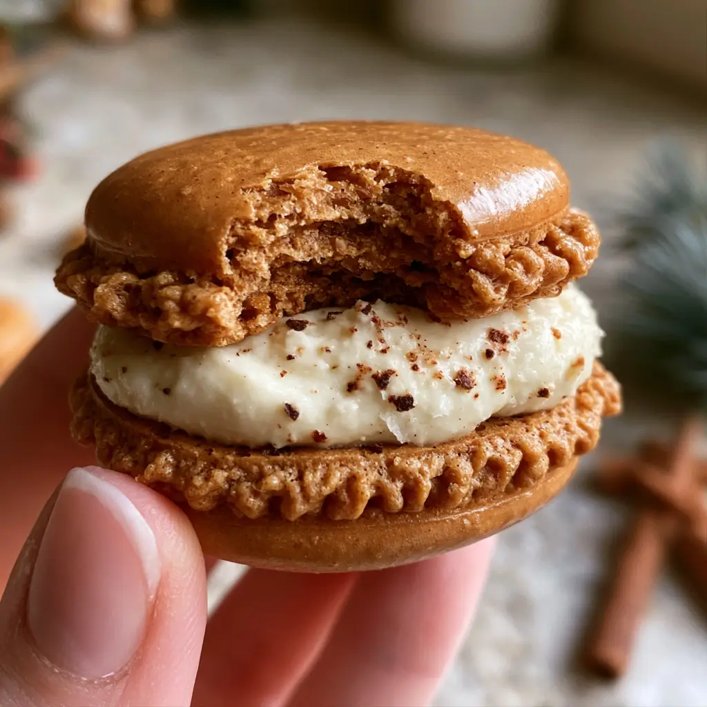 Gingerbread Macarons with Luscious Eggnog Buttercream Filling 2 Close-up of a gingerbread macaron held between two fingers showing a bite taken out to reveal the chewy interior texture.