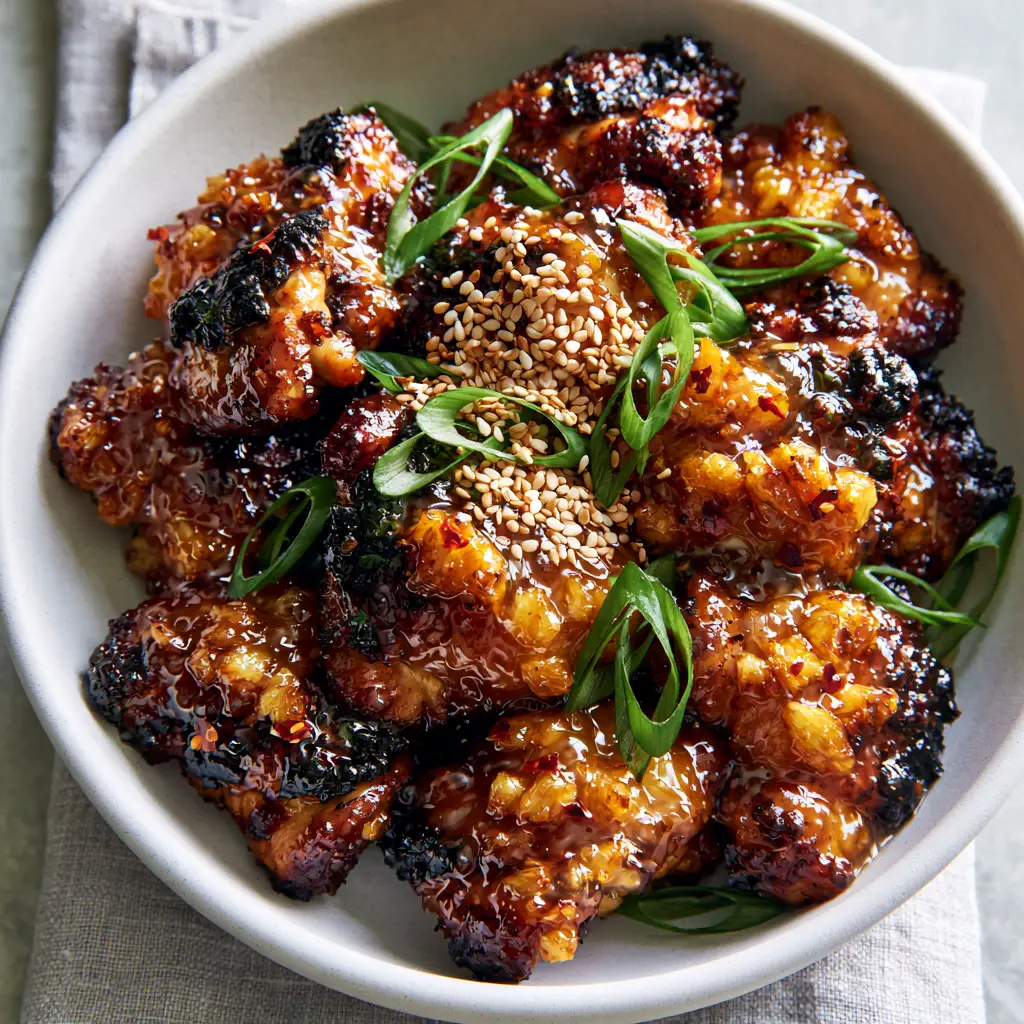 Sticky Honey Glazed Chicken chunks garnished with sesame seeds and scallions in a ceramic bowl.