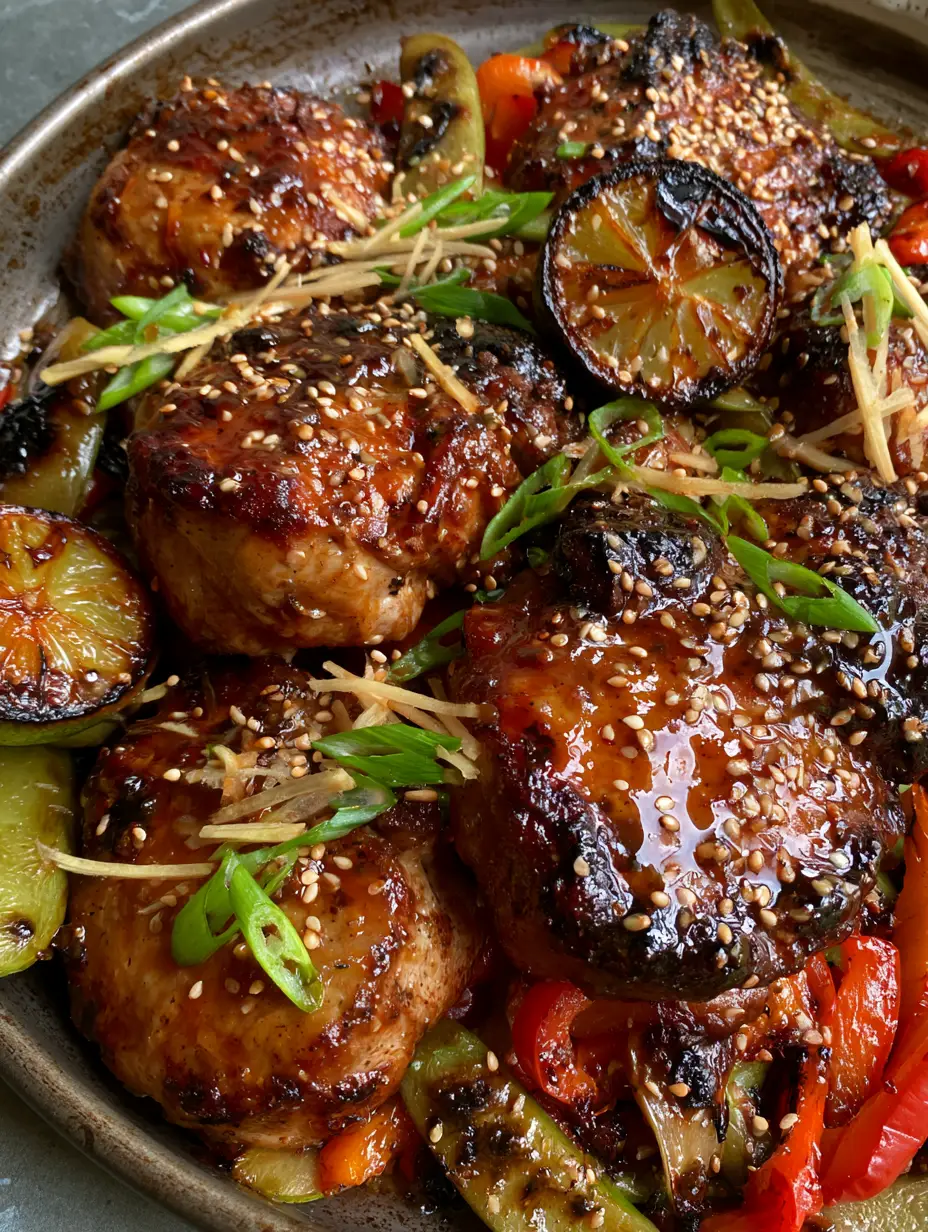 Ginger Lime Pork: The Ultimate Sticky Caramelized Sheet Pan Dinner 3 Close-up of succulent Ginger Lime Pork medallions dripping in thick amber glaze with toasted sesame seeds and ginger matchsticks.