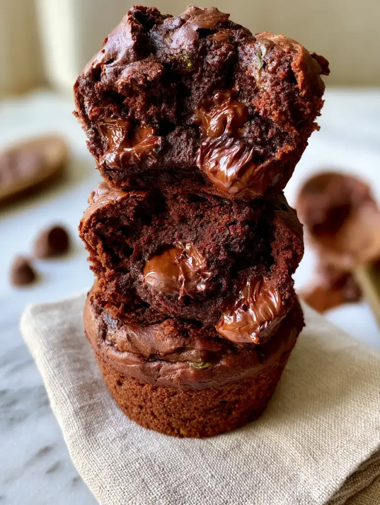 A stack of dark chocolate muffins with cracked glossy tops and melted chips on a light marble surface.