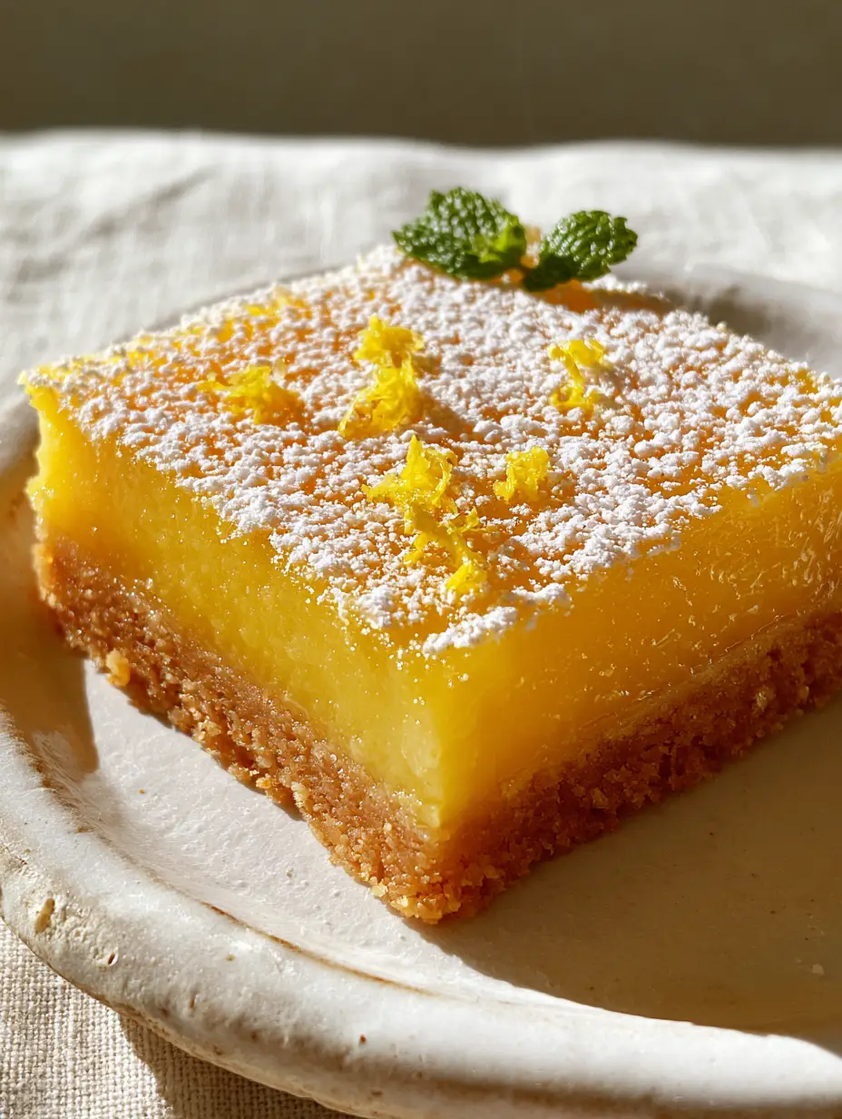 Side-profile macro shot of a thick gluten-free vegan lemon bar showing the golden almond crust and vibrant yellow curd.