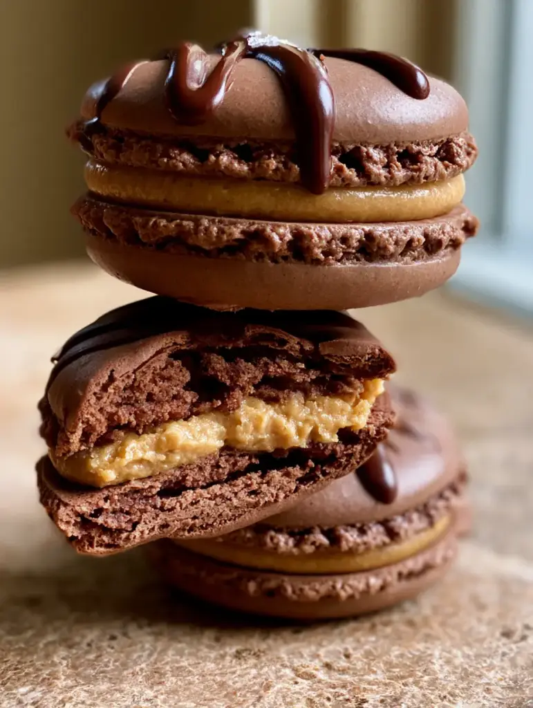 Chocolate Peanut Butter Macarons with Velvety Buttercream and Dark Chocolate Drizzle 1 A split chocolate peanut butter macaron revealing a dense, chewy interior with no hollow space and thick buttercream.
