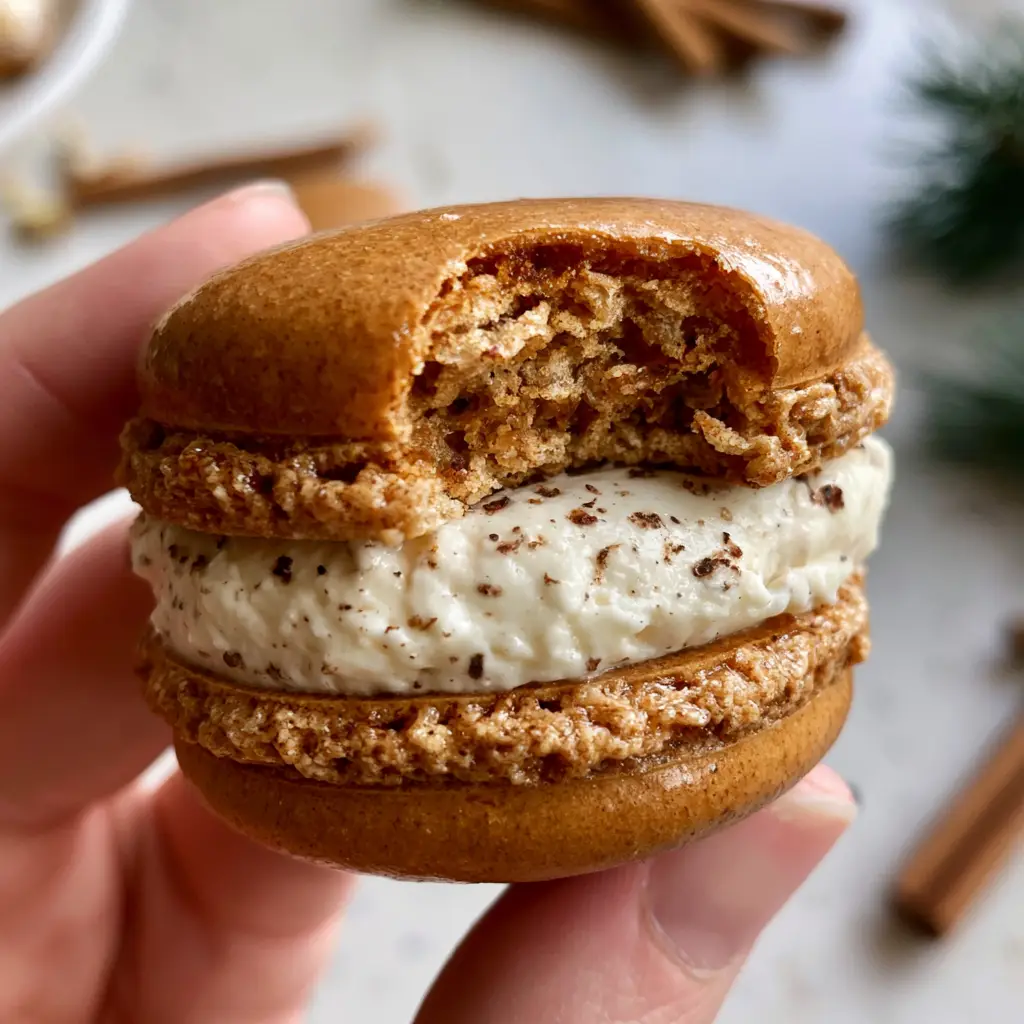 Gingerbread Macarons with Luscious Eggnog Buttercream Filling 1 A gingerbread macaron with smooth spiced-brown shell and ivory eggnog buttercream speckled with dark brown nutmeg flecks.