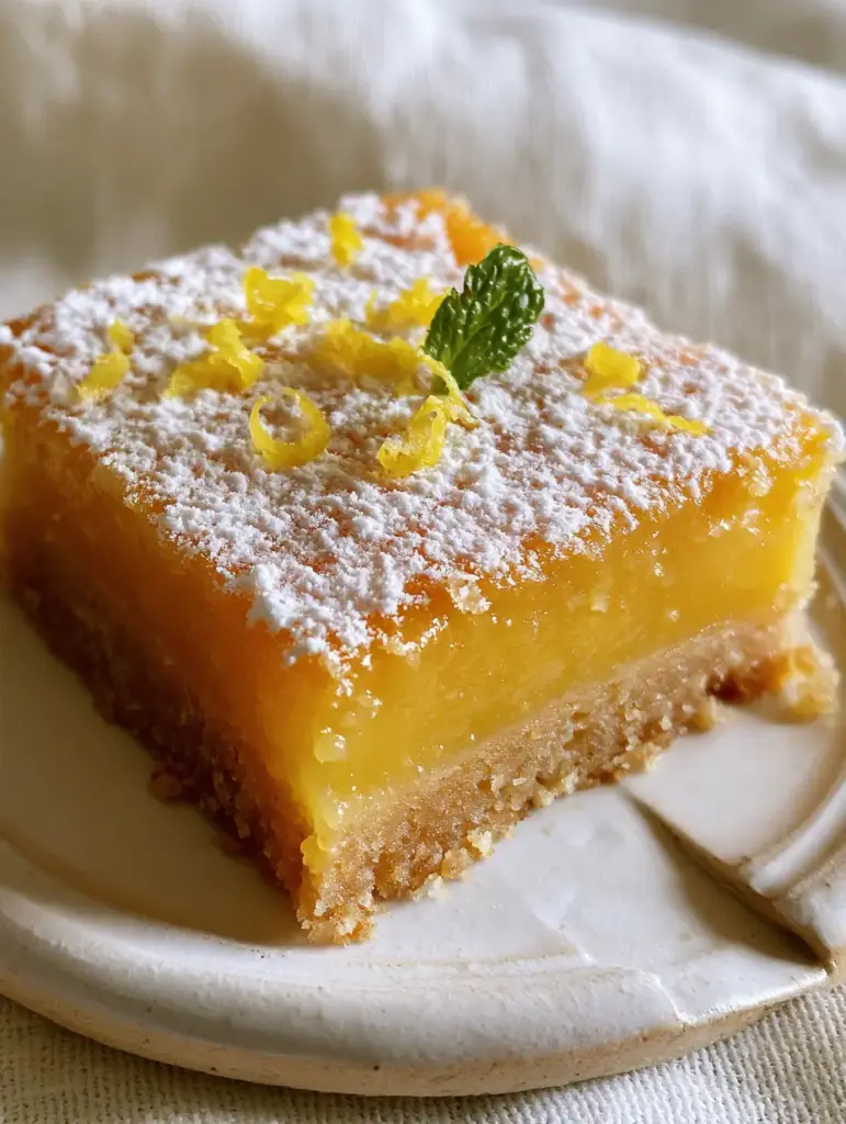 Square-cut gluten-free vegan lemon bars topped with mint and lemon zest on a white ceramic plate.