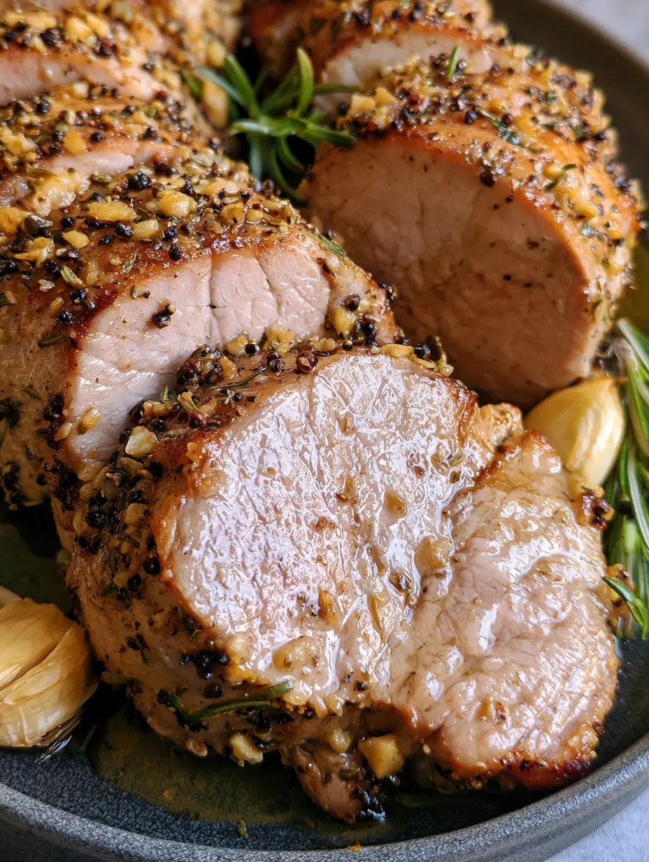 Extreme close-up of thick slices of herb pork tenderloin showing golden crust and pink interior. (herb pork tenderloin)