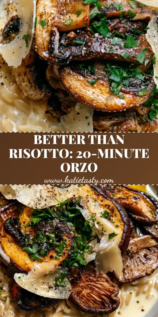A rustic ceramic bowl of Creamy Orzo and Mushrooms topped with charred shiitakes, parmesan shavings, and parsley.