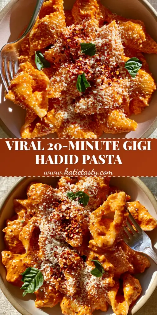 A top-down smartphone photo of Gigi Hadid creamy pasta in a ceramic bowl with a silver fork, featuring glossy orange shells and a snowfall of parmesan. (Gigi Hadid creamy pasta)