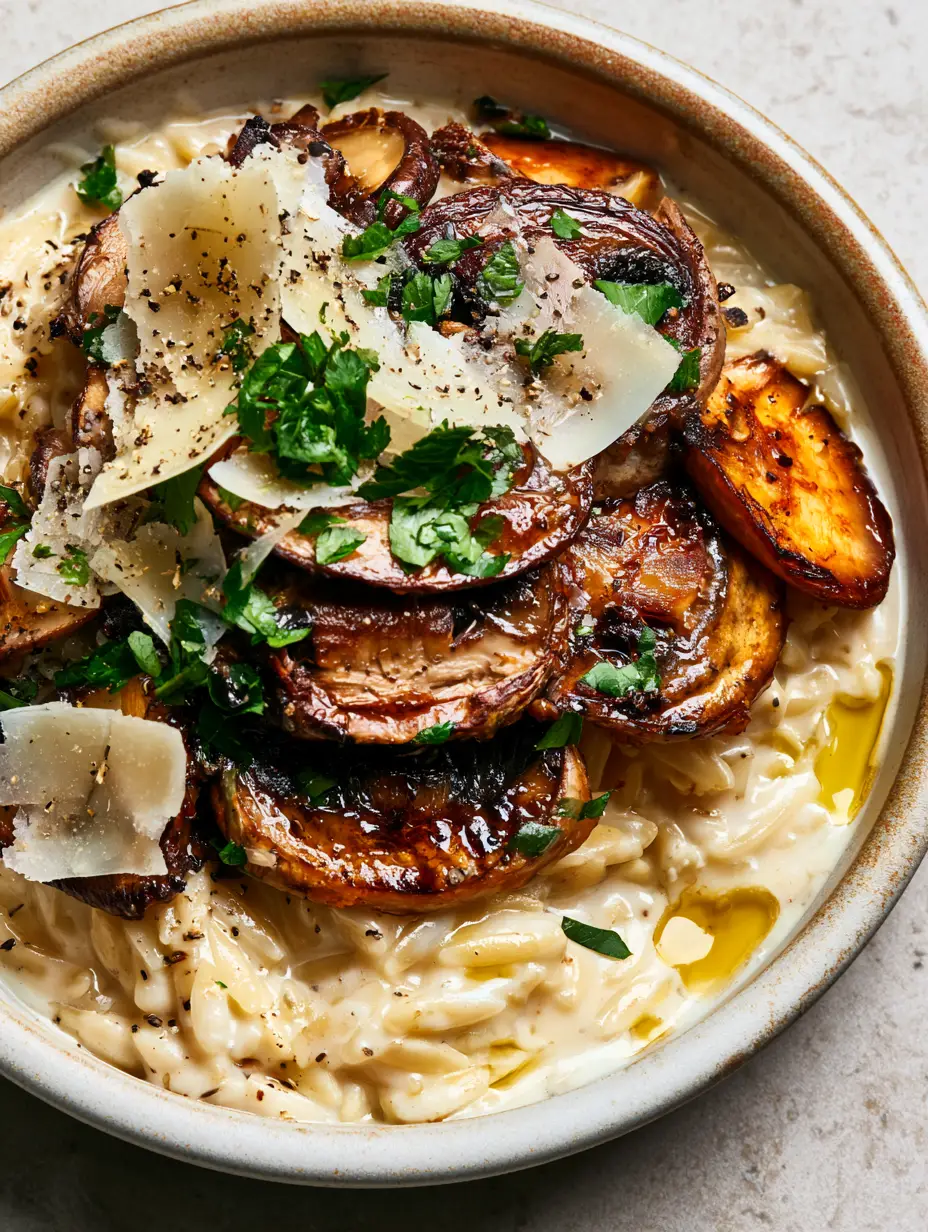 Close-up of golden-brown seared cremini and shiitake mushrooms on top of ivory creamy orzo.