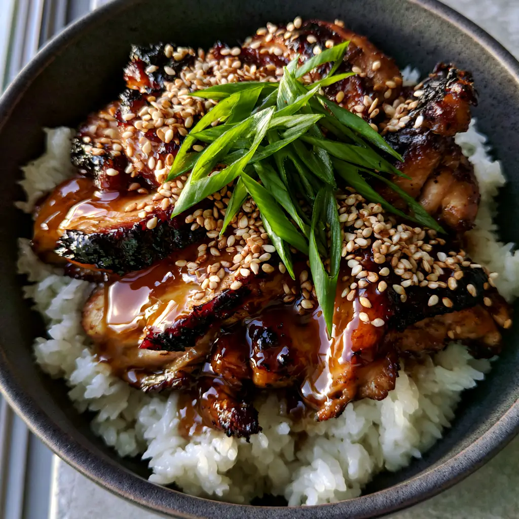 A minimalist charcoal bowl filled with jasmine rice and glossy teriyaki chicken, garnished with sesame seeds.
