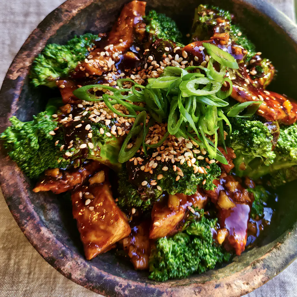 Chicken and Broccoli Recipe: Better-Than-Takeout Velveted Perfection 2 Macro photo showing the thick, mahogany-colored sauce and garlic bits in the Chicken and broccoli recipe.