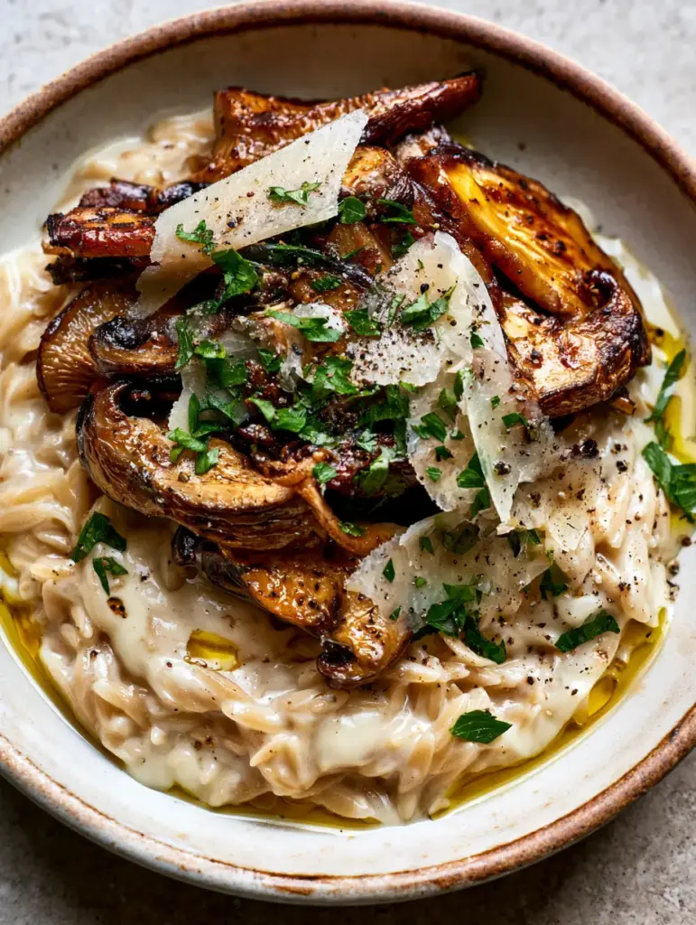 High-angle shot showing the glistening olive oil droplets and translucent parmesan shavings on Creamy Orzo and Mushrooms.