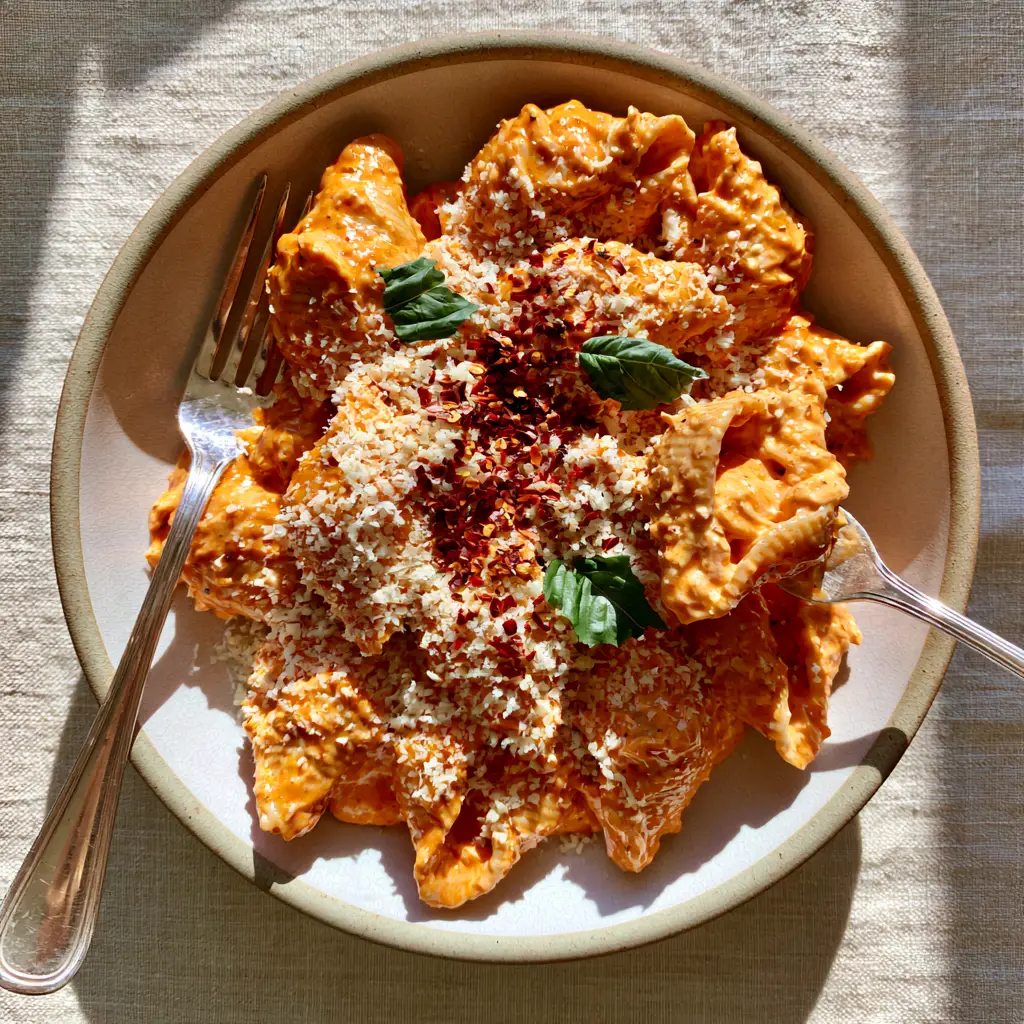 A silver fork lifting a glossy conchiglie shell coated in thick creamy tomato sauce from a ceramic bowl.