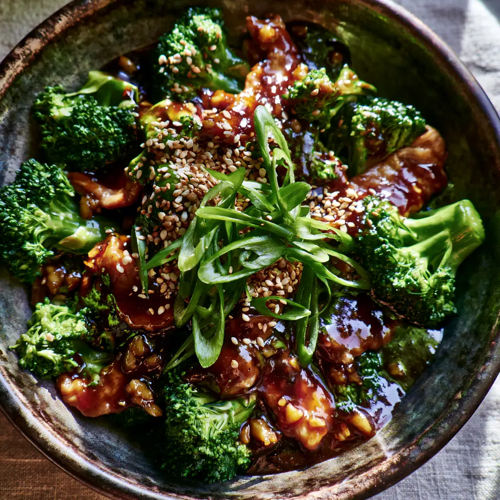 Chicken and Broccoli Recipe: Better-Than-Takeout Velveted Perfection 1 High-angle view of the emerald green broccoli and toasted sesame seeds in this Chicken and broccoli recipe.