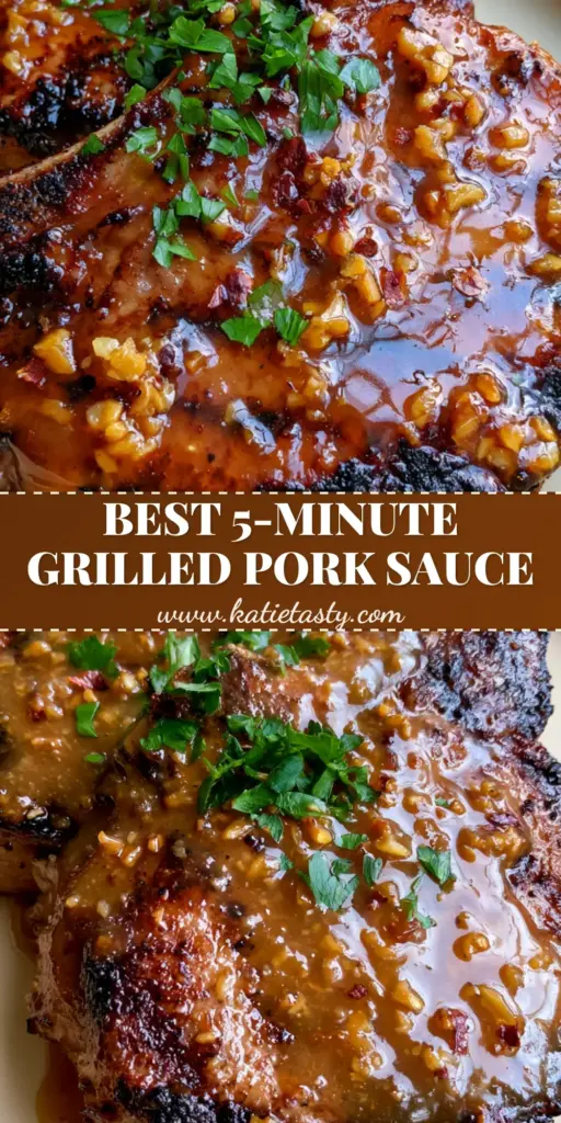 A close-up of two grilled bone-in pork chops with deep grill marks and a glossy amber honey garlic glaze on a cream plate. (grilled pork sauce recipe)