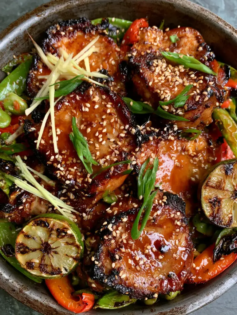 Ginger Lime Pork: The Ultimate Sticky Caramelized Sheet Pan Dinner 1 Rustic sheet pan filled with Ginger Lime Pork, charred red peppers, and blistered snap peas under soft natural light.