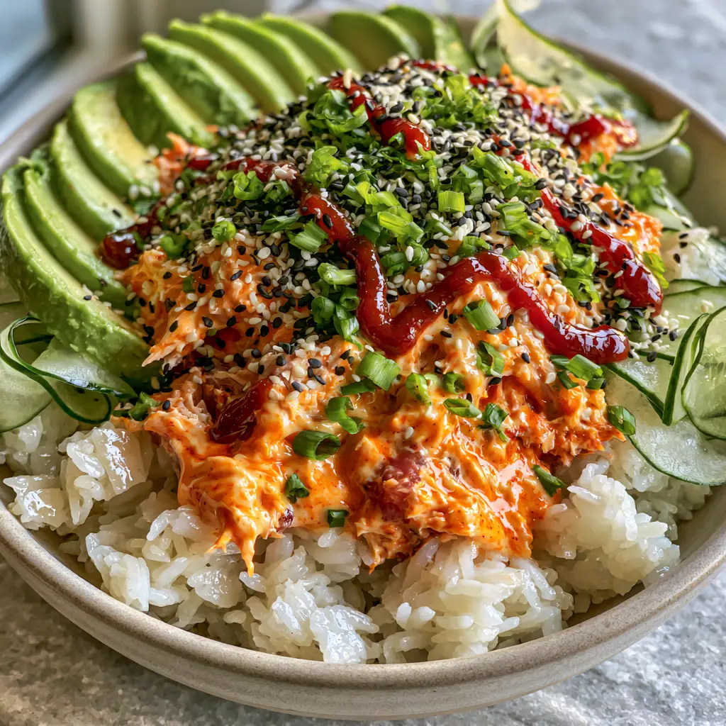 Side view of a spicy tuna rice bowl showing translucent cucumber ribbons and fanned avocado slices.